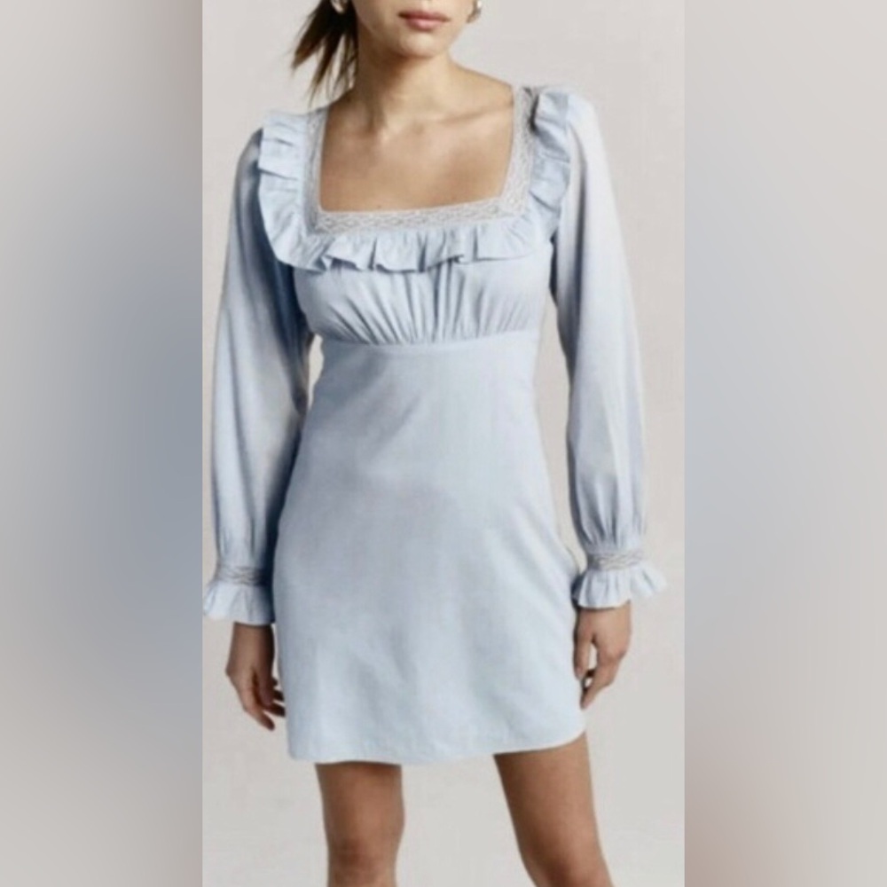 Reformation Burke Mini Dress Low Cut Cotton Ruffled long sleeves in Blue Size 12